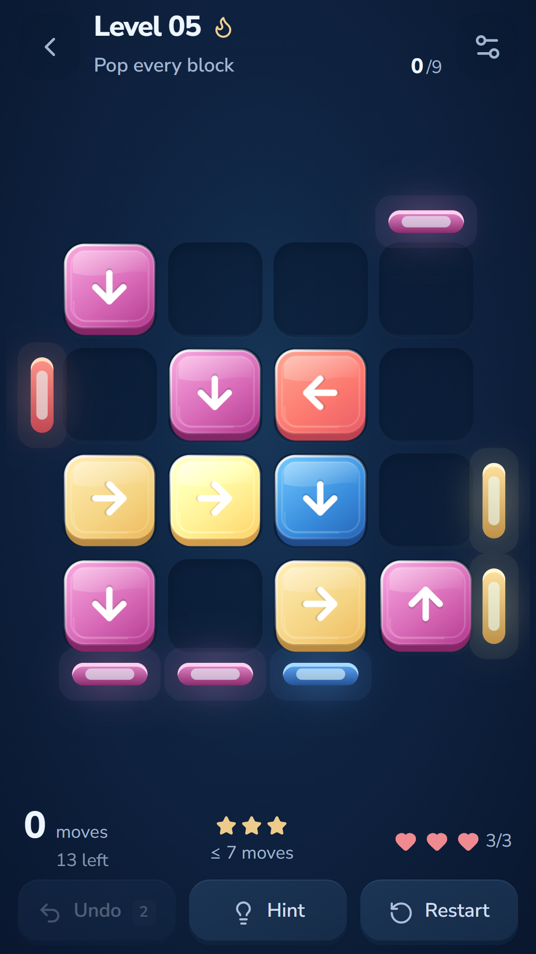 Nudge Out level 5: nine arrow blocks, matching colour gates and chains to push on a compact boss board.
