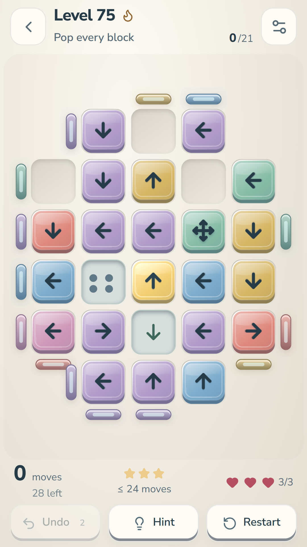 Nudge Out level 75: the light Porcelain theme on a crowded board with bends, sticky tiles and Compass blocks.